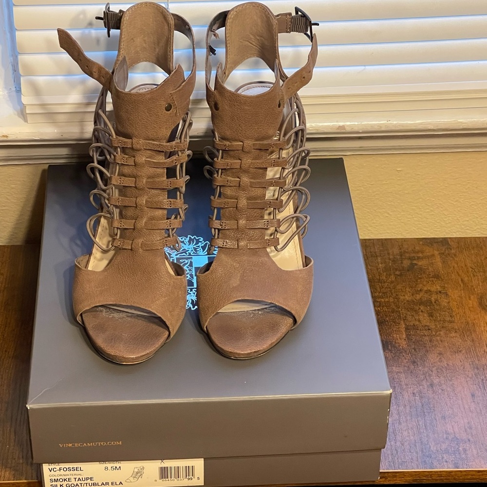 Taupe strapped heel. Comfortable!